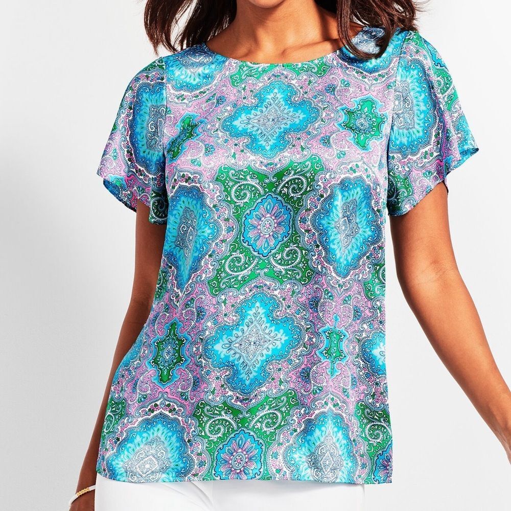Talbots Blue & Pink Retro Paisley Criss Cross Back Top